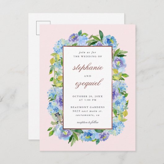 エレガント水彩青紫陽花フローラ結婚ズ インビテーションポストカード (正面/裏面)