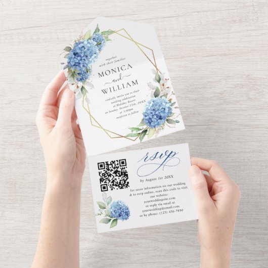 エレガント水彩青紫陽花フローラ結婚ズ オールインワン招待状 (貼ってはがせる)