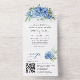 エレガント水彩青紫陽花フローラ結婚ズ オールインワン招待状
