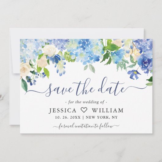エレガント水彩青紫陽花フローラ結婚ズ セーブザデート (正面)