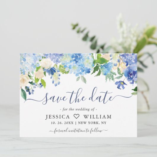 エレガント水彩青紫陽花フローラ結婚ズ セーブザデート (スタンド正面)