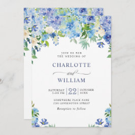 エレガント水彩青紫陽花フローラ結婚ズ 招待状