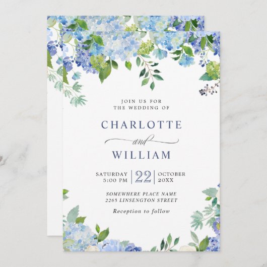 エレガント水彩青紫陽花フローラ結婚ズ 招待状 (正面/裏面)