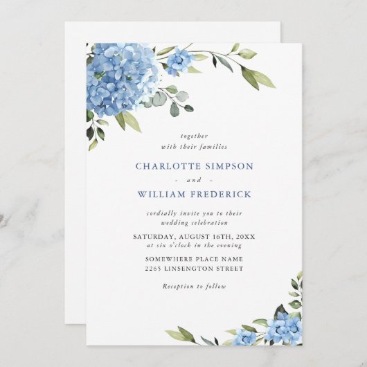 エレガント水彩青紫陽花フローラ結婚ズ 招待状 (正面/裏面)