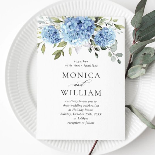 エレガント水彩青紫陽花フローラ結婚ズ 招待状