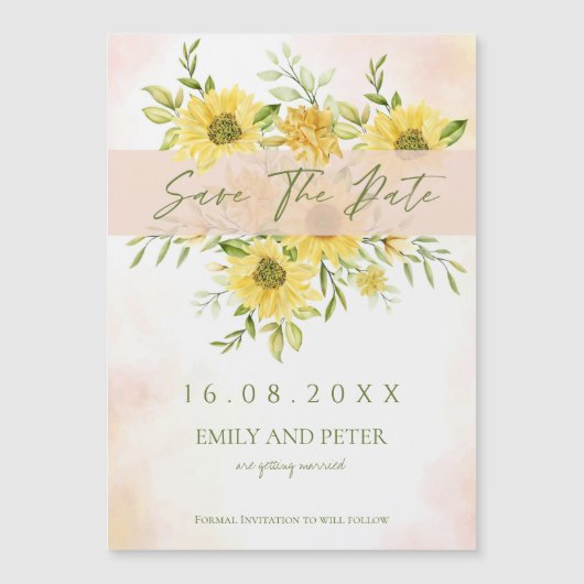 エレガント水彩黄色ひまわりフローラ結婚ズ マグネット招待状 (正面)