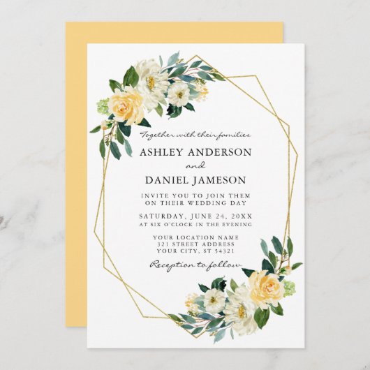 エレガント水彩黄色フローラ金ゴールド枠 招待状 (正面/裏面)