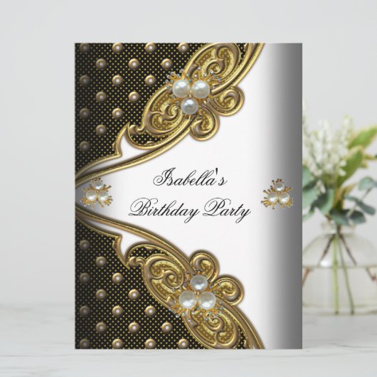 エレガント水玉模様ホワイトブラック金ゴールドパーティー 招待状 (スタンド正面)