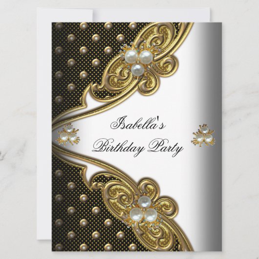 エレガント水玉模様ホワイトブラック金ゴールドパーティー 招待状 (正面)