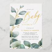 エレガント水色の緑の金ゴールド赤ちゃんシャワー 箔招待状 (正面)