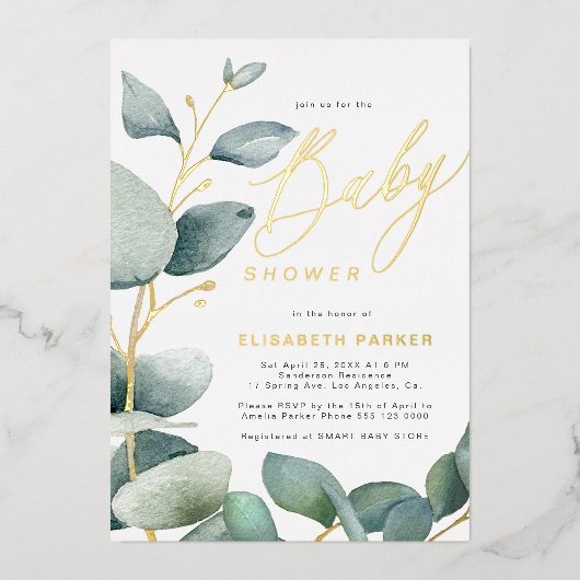 エレガント水色の緑の金ゴールド赤ちゃんシャワー 箔招待状 (正面)