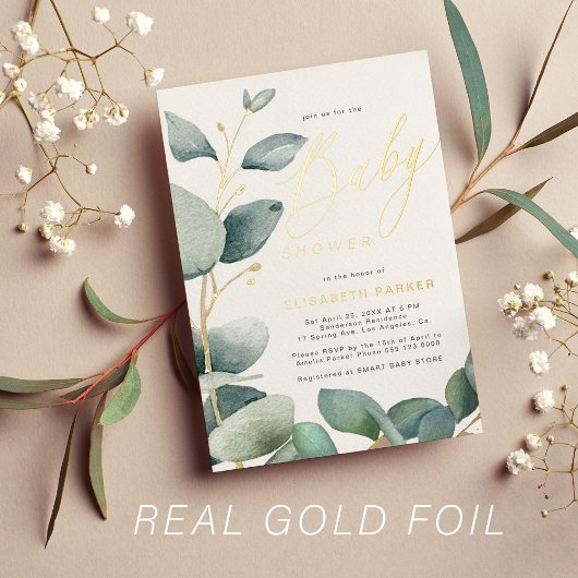 エレガント水色の緑の金ゴールド赤ちゃんシャワー 箔招待状