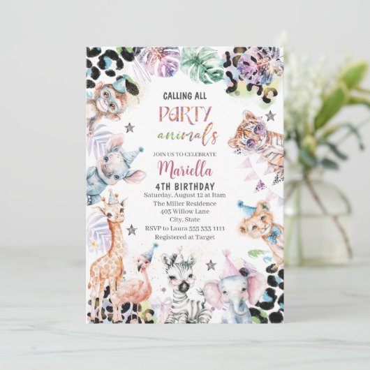 エレガント水色の野生の子サファリ動物4th Bi 招待状 (スタンド正面)
