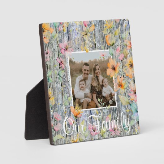 エレガント水色オレンジ色の野花バーウッド フォトプラーク (正面)