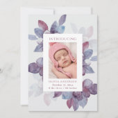 エレガント水色パープルフローラ葉誕生 案内状 (正面)