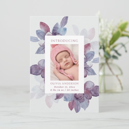 エレガント水色パープルフローラ葉誕生 案内状 (スタンド正面)