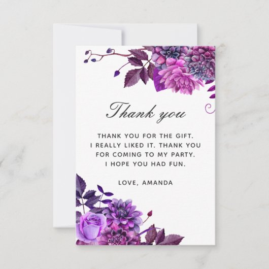 エレガント水色パープル薄紫フローラ誕生日 サンキューカード (正面)