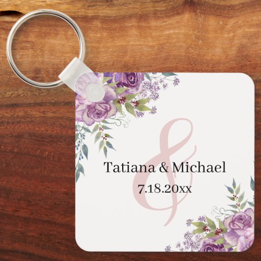 エレガント水色ピンクフローラ結婚式の引き出物 キーホルダー (正面)