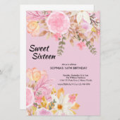 エレガント水色ピンクフローラSweet sixteen 招待状 (正面/裏面)