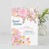 エレガント水色ピンクフローラSweet sixteen 招待状 (スタンド正面)
