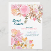 エレガント水色ピンクフローラSweet sixteen 招待状 (正面/裏面)
