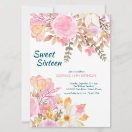 エレガント水色ピンクフローラSweet sixteen 招待状