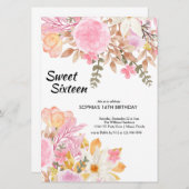エレガント水色ピンクフローラSweet sixteen 招待状 (正面/裏面)
