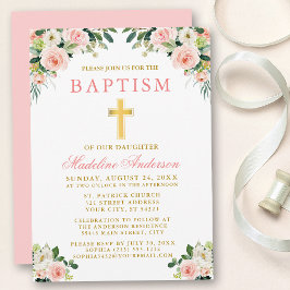 エレガント水色ピンク白フローラ洗礼 招待状