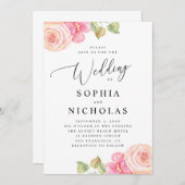 エレガント水色ピンク赤面結婚フローラ 招待状 (正面/裏面)