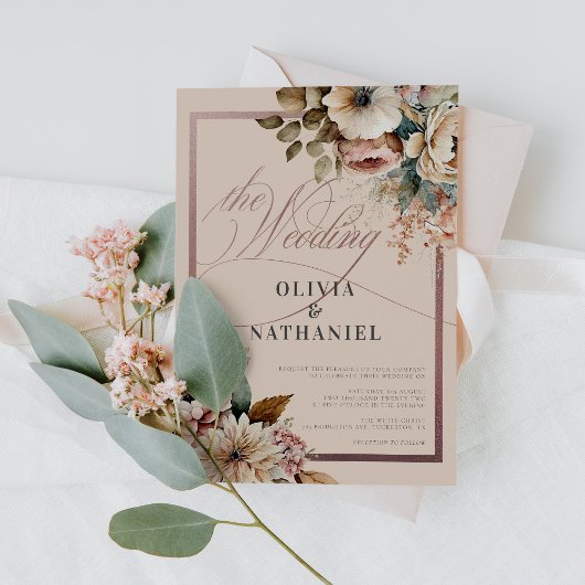 エレガント水色フローラバラ結婚金ゴールド 招待状