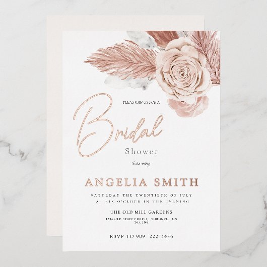 エレガント水色フローラブライダルシャワー実在箔 箔招待状 (正面/裏面)