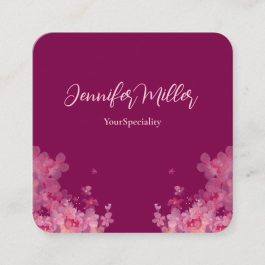 エレガント水色フローラ濃桃色 スクエア名刺 (正面)