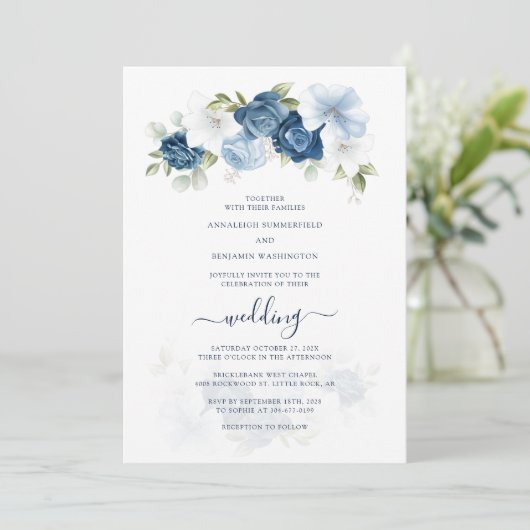 エレガント水色フローラ結婚 招待状 (スタンド正面)
