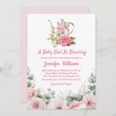 エレガント水色フローラ茶パーティー赤ちゃんシャワー 招待状 (正面/裏面)