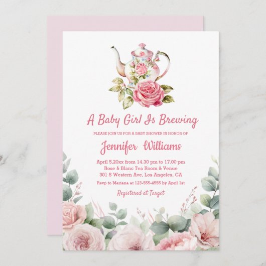 エレガント水色フローラ茶パーティー赤ちゃんシャワー 招待状 (正面/裏面)