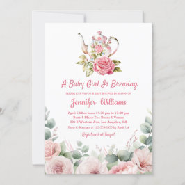 エレガント水色フローラ茶パーティー赤ちゃんシャワー 招待状