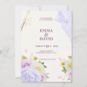エレガント水色フローラ金ゴールド結婚 招待状 (正面)