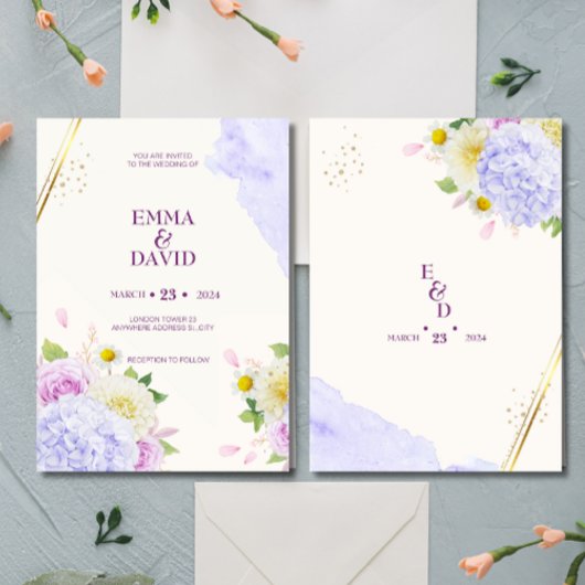 エレガント水色フローラ金ゴールド結婚 招待状