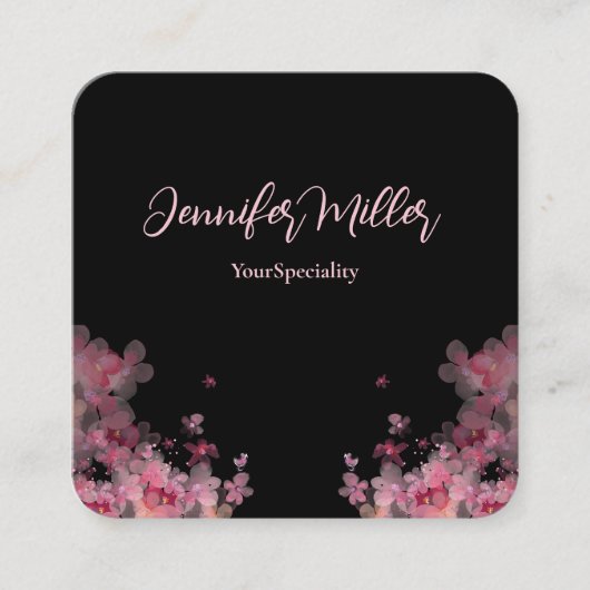 エレガント水色フローラ黒 スクエア名刺 (正面)