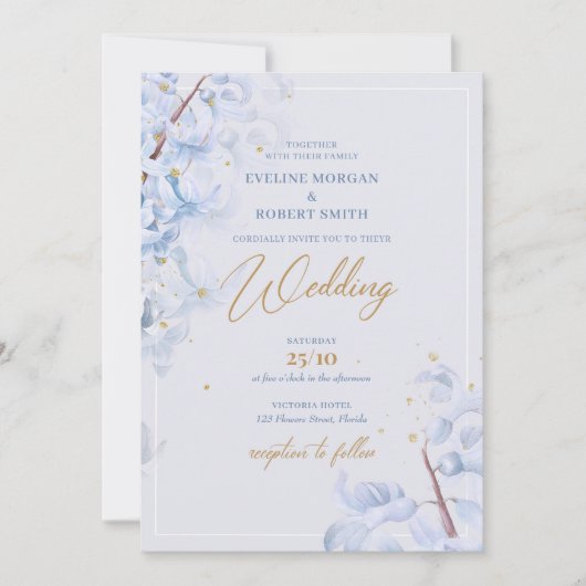 エレガント水色ブルーhyacinthフェイク金ゴールド 招待状 (正面)
