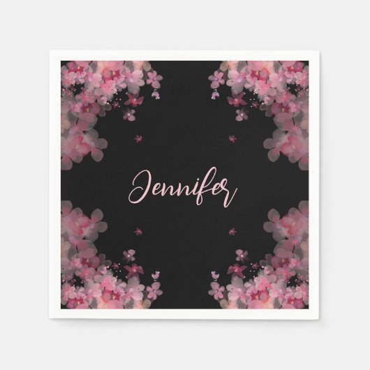 エレガント水色マグノリアフローラブラック スタンダードカクテルナプキン (正面)