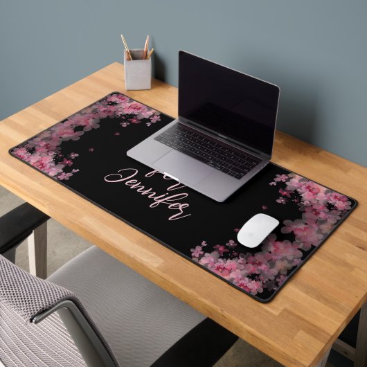 エレガント水色マグノリアフローラブラック デスクマット (オフィス2)