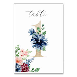 エレガント水色花模様フェイク金ゴールド結婚の1 テーブルナンバー