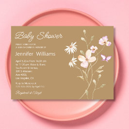 エレガント水色茶色のフローラ赤ちゃんシャワー 招待状