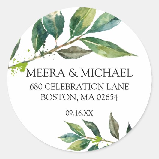 エレガント水葉色差出人住所結婚s ラウンドシール (正面)