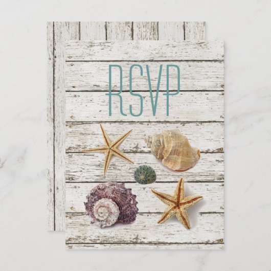 エレガント波止場木製シーシェルビーチ結婚式rsvp インビテーションポストカード (正面/裏面)