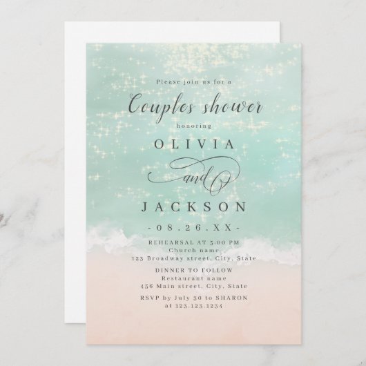 エレガント海きらめくビーチカップルのシャワー 招待状 (正面/裏面)
