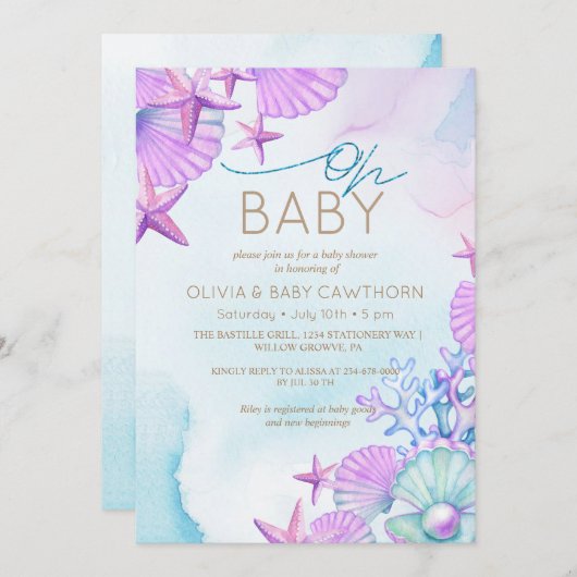 エレガント海シェルビーチベビーシャワー 招待状 (正面/裏面)