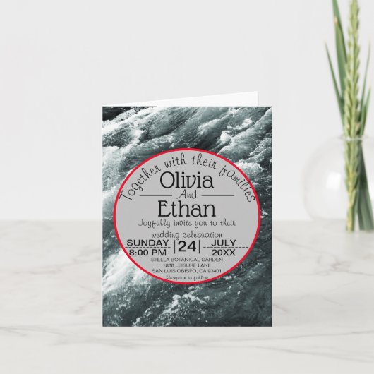 エレガント海ブルーウェーブ折り畳み結婚式招待状 招待状 (正面)