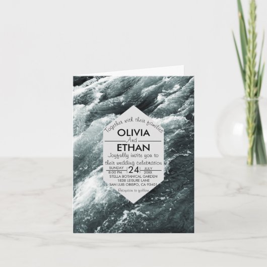 エレガント海ブルーウェーブ折り畳み結婚式招待状 招待状 (正面)